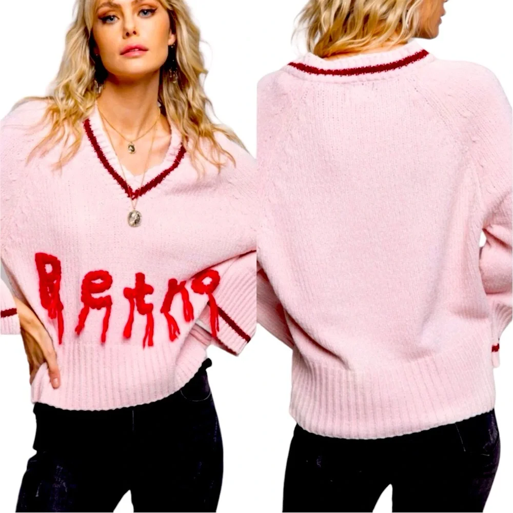 POL ‘Retro’ Fringe V Neck Sweater Women Color Pink Size S